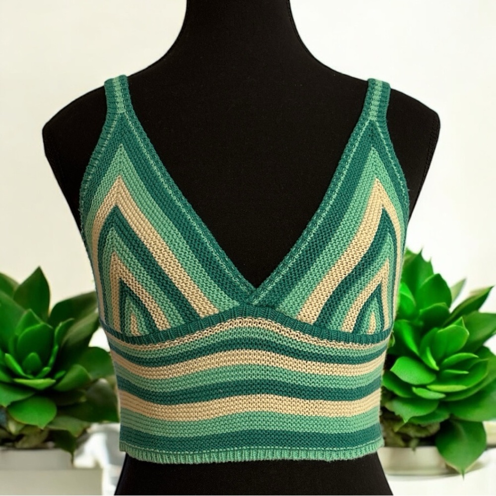 Zara Crochet Bikini Style Crop Top – Green & Beige – Size S – NWT